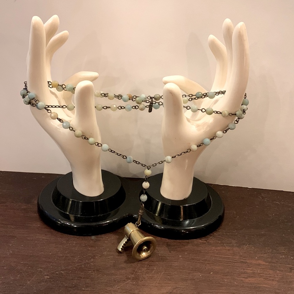 FarrahB signed Vintage long jade glass beads with solid bronze Megaphone pendant